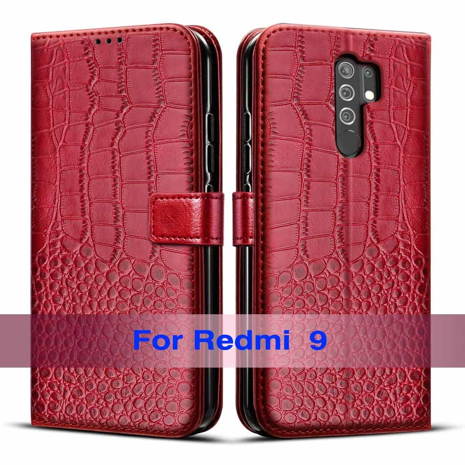 Para em redmi 9 caso da aleta caso de couro para xiaomi redmi 9 coque redmi9 flip carteira capa de couro para xiaomi redmi9 caso saco do telefone: Red