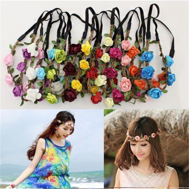 Women Girl Boho Rainbow Flower Floral Stretchy Hairband Headband Wreath Party Bride Wedding Beach Hair Accessories