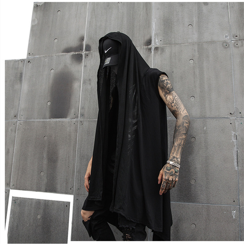 Nightclub men hip hop punk long vest sleeveless shirt cape man gothic style streetwear vest singer stage cardigan costume
