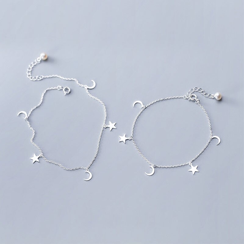 Bracelets de cheville en argent Sterling 925 avec perles pour femmes, chaîne à maillons, lune, étoile, bijoux de pied, accessoires féminins