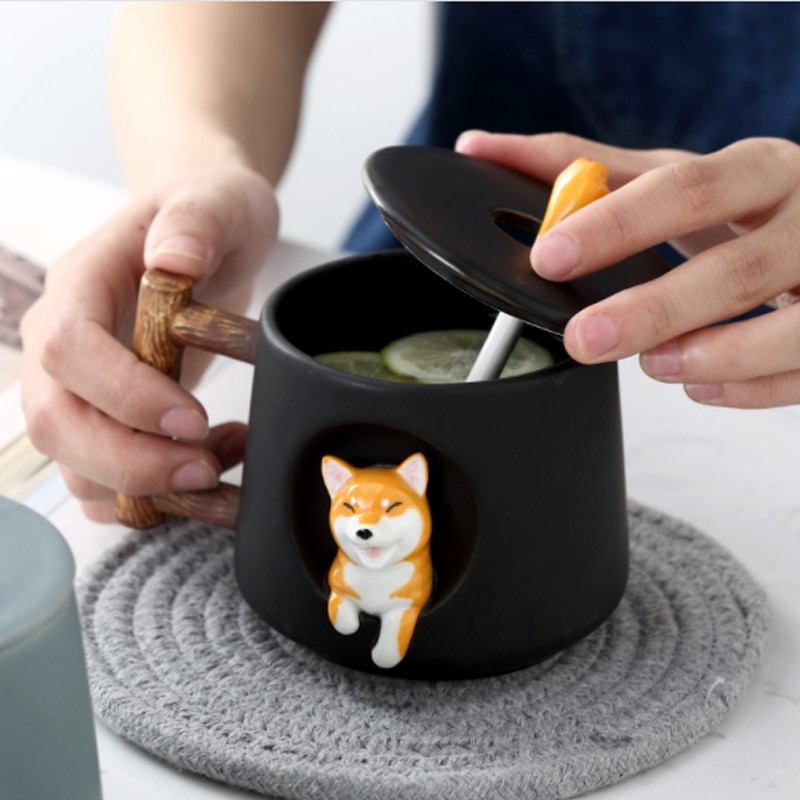 Leuke Cartoon Animal Shiba Inu Keramische Mok Creatieve Mannen En Vrouwen Koppels Met Deksel Lepel Drinkwater Koffie Cup