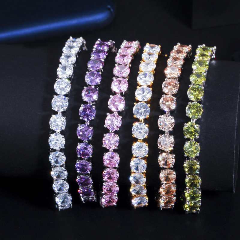 Threegraces Fonkelende Paars Zirconia Zilveren Kleur Geometrische Ronde Cz Tennis Link Chain Armband Sieraden Voor Vrouwen BR219