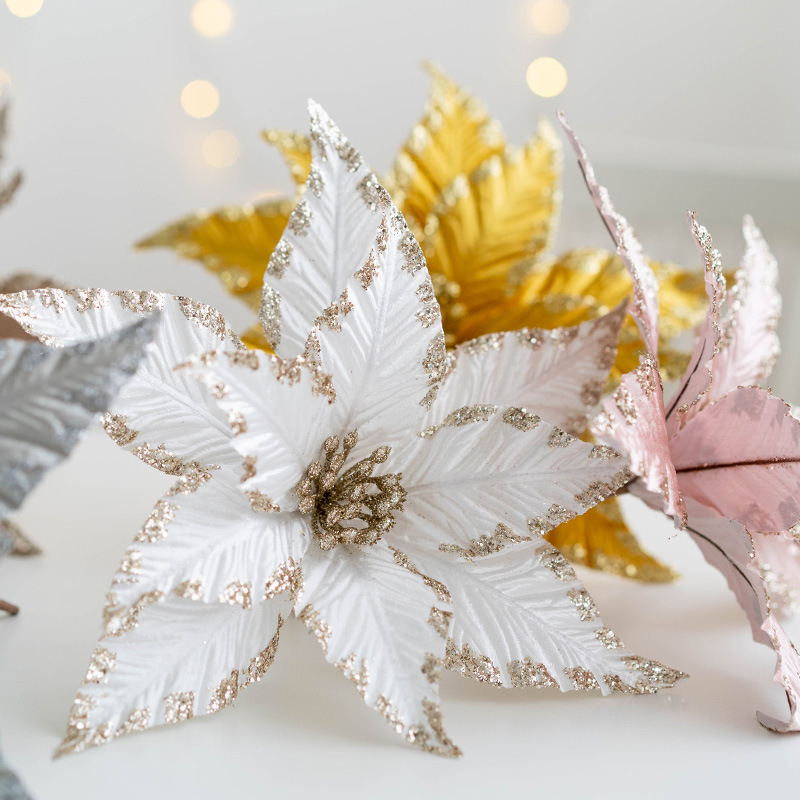 Seksfarget stoff simulert juleblomst juletre og julekransdekorasjon julegirlande jul