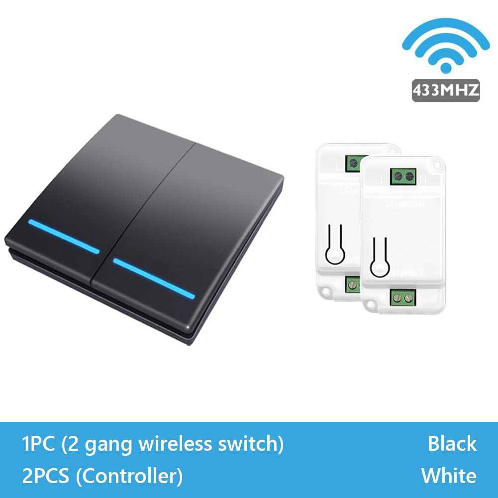 433Mhz wireless Wall Switch rf 86 wall panel transmitter Safety Switch and AC 110V 220V relay interruptor for Light Lamp: black 2 Gang 2Switch
