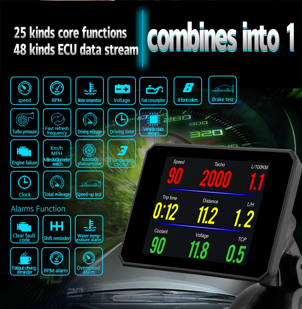 HUD – affichage tête haute, affichage numérique de la température de l'eau et de l'eau, T816, OBD, affichage GPS, affichage de la consommation de carburant, jauge de projecteur de vitesse