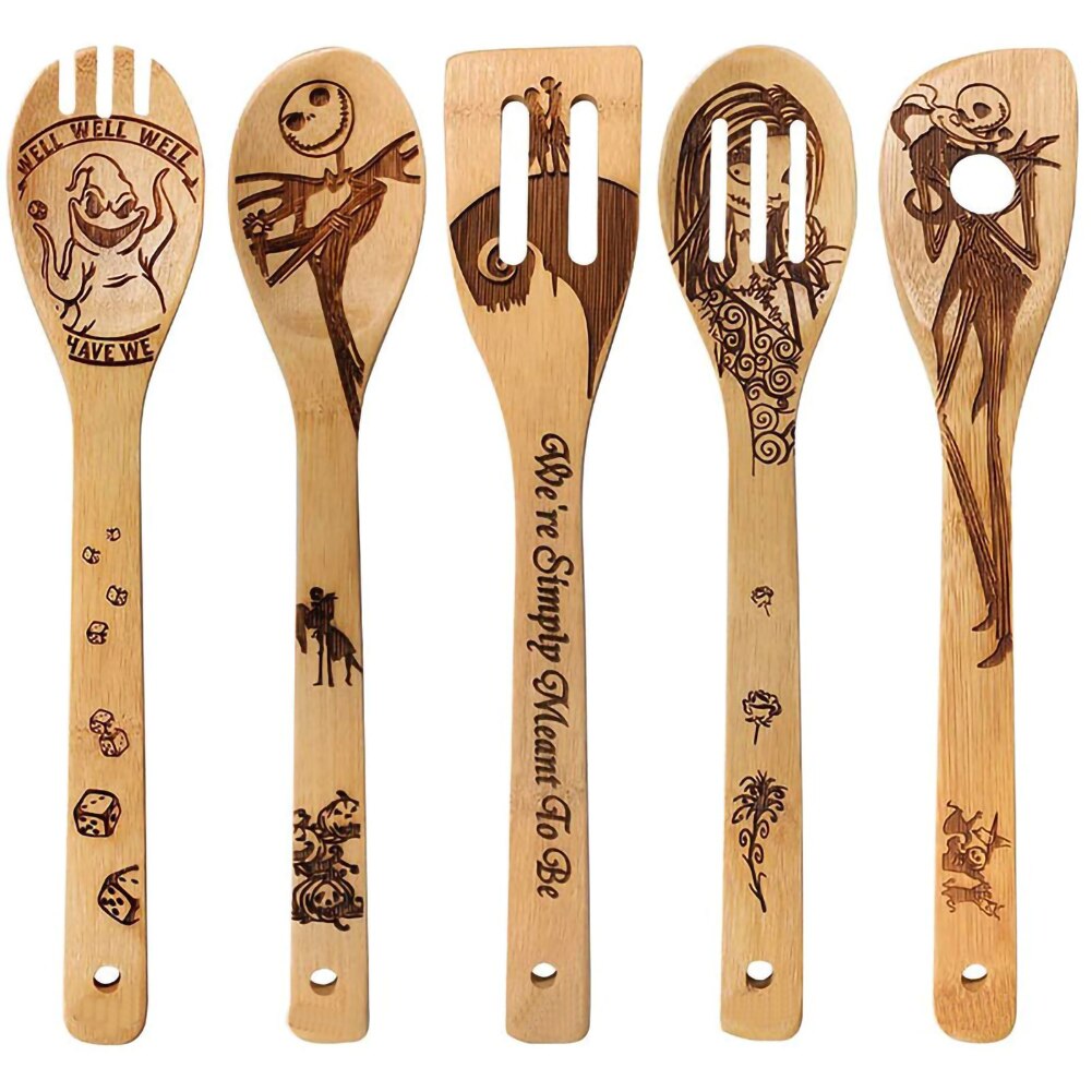 5 uds Halloween madera de bambú palas Wok ranurada espátula cuchara para mezclar de utensilios de cocina la cena cocina palas suministros