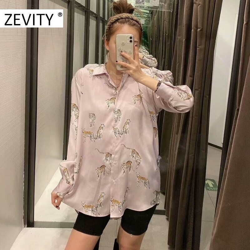 Zevity dames blouse met dierenprint en zakelijk smock, lange mouwen, casual blouses, chique merk chemise tops  ls7134