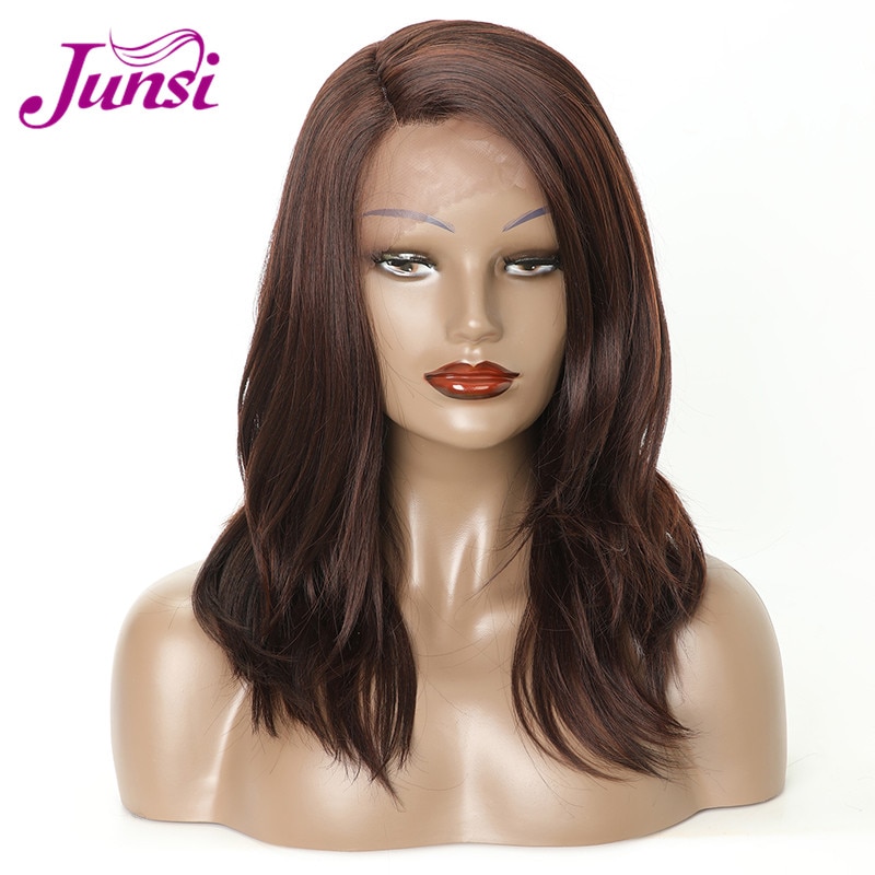 JUNSI 24 inch Bruin Lang Golvend Synthetische Lace Front Pruik Hoge Temperatuur Vezel Haar voor Vrouwen Classic Pruik