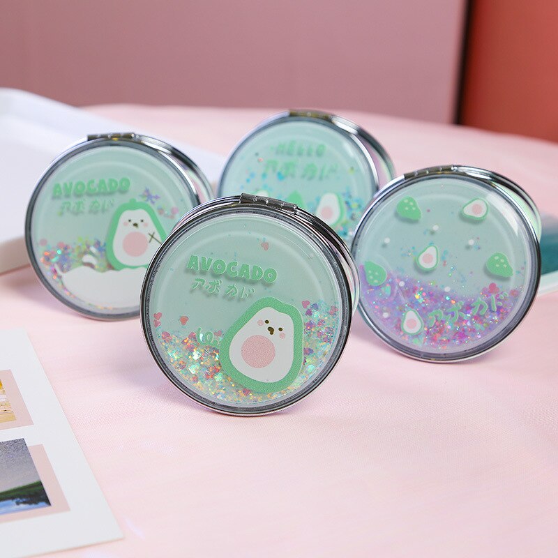Portable Double-Sided Folding Cosmetic Mirror Girl Flowing Sparkling Sand Mini Avocado Makeup Mirror Compact Pocket Mirrors