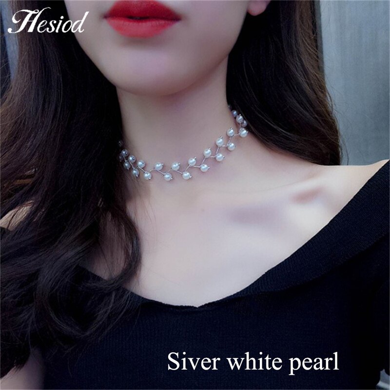 Hesiod Vintage Bohemia Multi-layer Hollowed Flower Necklace For Women Rhinestone Crystal Collar Necklace Pearl Choker: H72554silverbranch