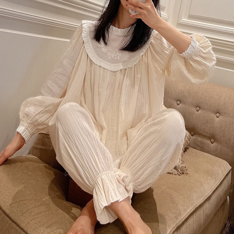 2 Colors Spring Women‘s Sleepwear Princess Pajama Sets Vintage Lady Girl Embroidery Pyjamas Set French Style Antique Nightwear