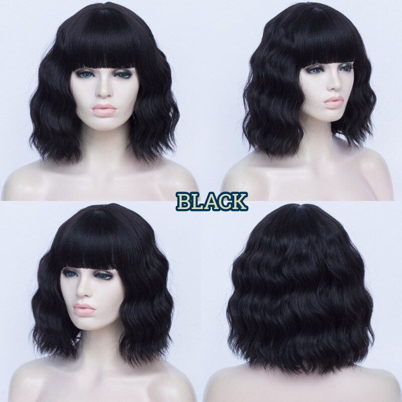 MSIWIGS-Peluca de cabello ondulado corto con flequillo para mujer, peluca completa sintética barata, color negro, fibra resistente al calor, marrón, falsa: Jet-black