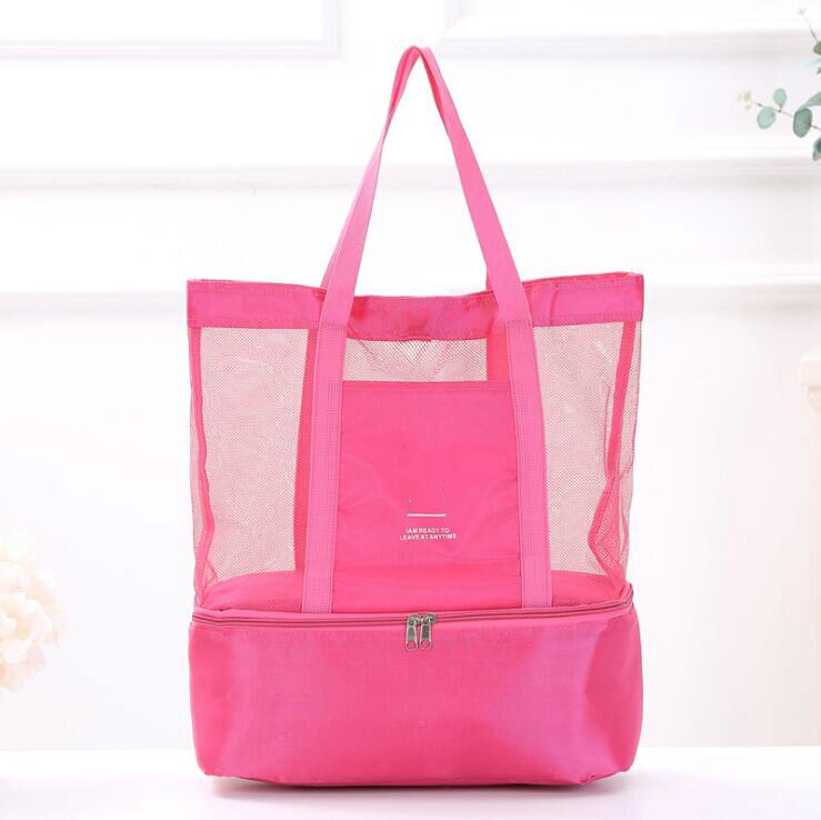 High Capacity Women Mesh Transparent Bag Double-layer Heat Preservation Large Picnic Beach Bags: Rose