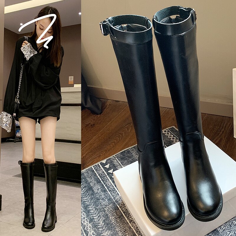 Botas altas finas para Mujer, Botas por encima de la rodilla con piernas de la rodilla y punta redonda, cálidas, de terciopelo, novedad de