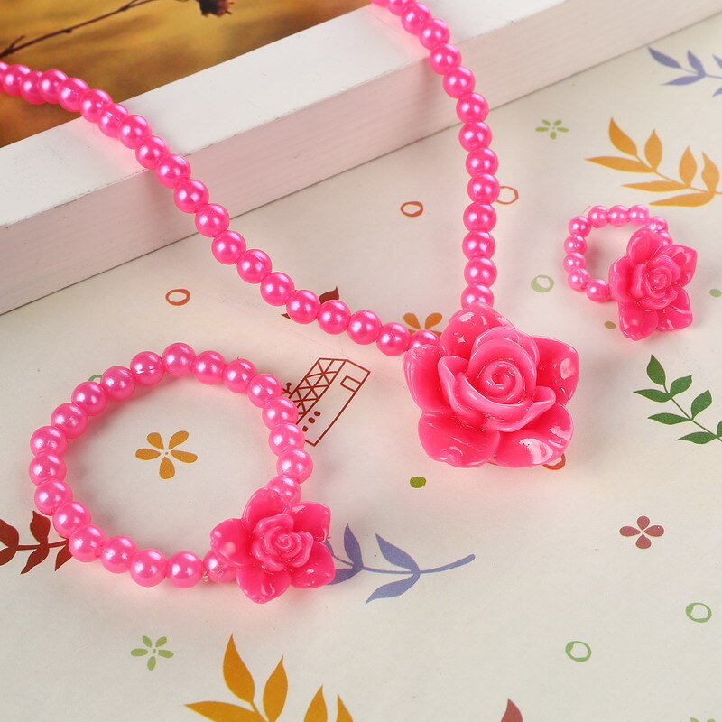 Ensemble de bijoux pour enfants, perle imitation perlée, meilleur bébé Rose fille, fleur Rose, collier, Bracelet, bague