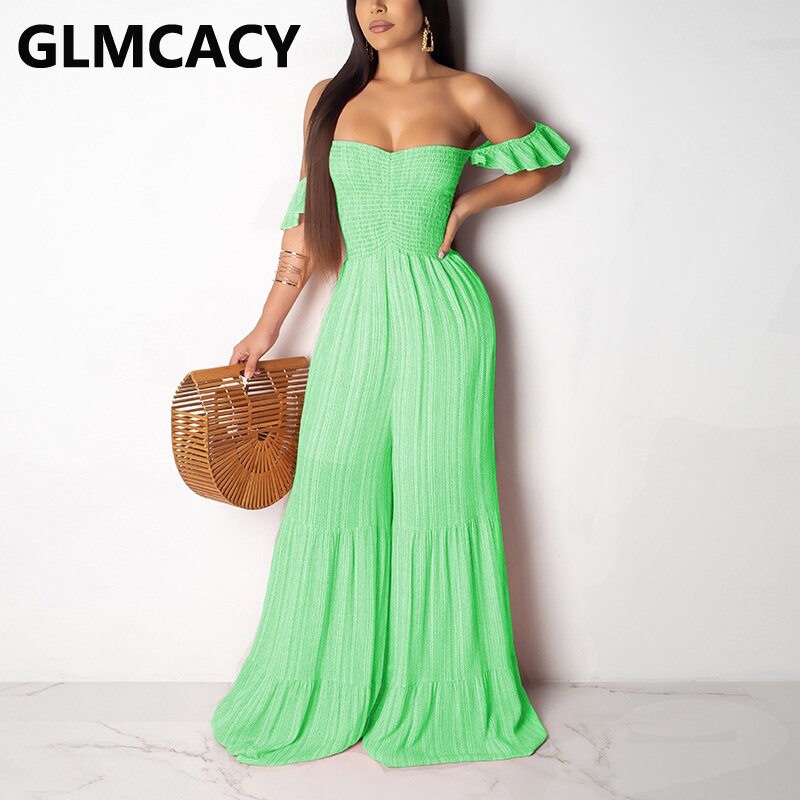 Vrouwen Off Shoulder Franje Zoom Jumpsuits Elegante Wijde Pijpen Losse Overalls Jumpsuits: green / L
