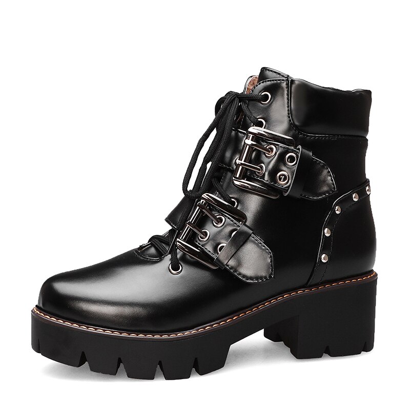 Gdgydh Schnalle Schwarz Gothic Stiefel Frau Punk Lace-up Chunky Heels Damen Kurze Stiefel Komfortable Neue schiff: black shoes / 10
