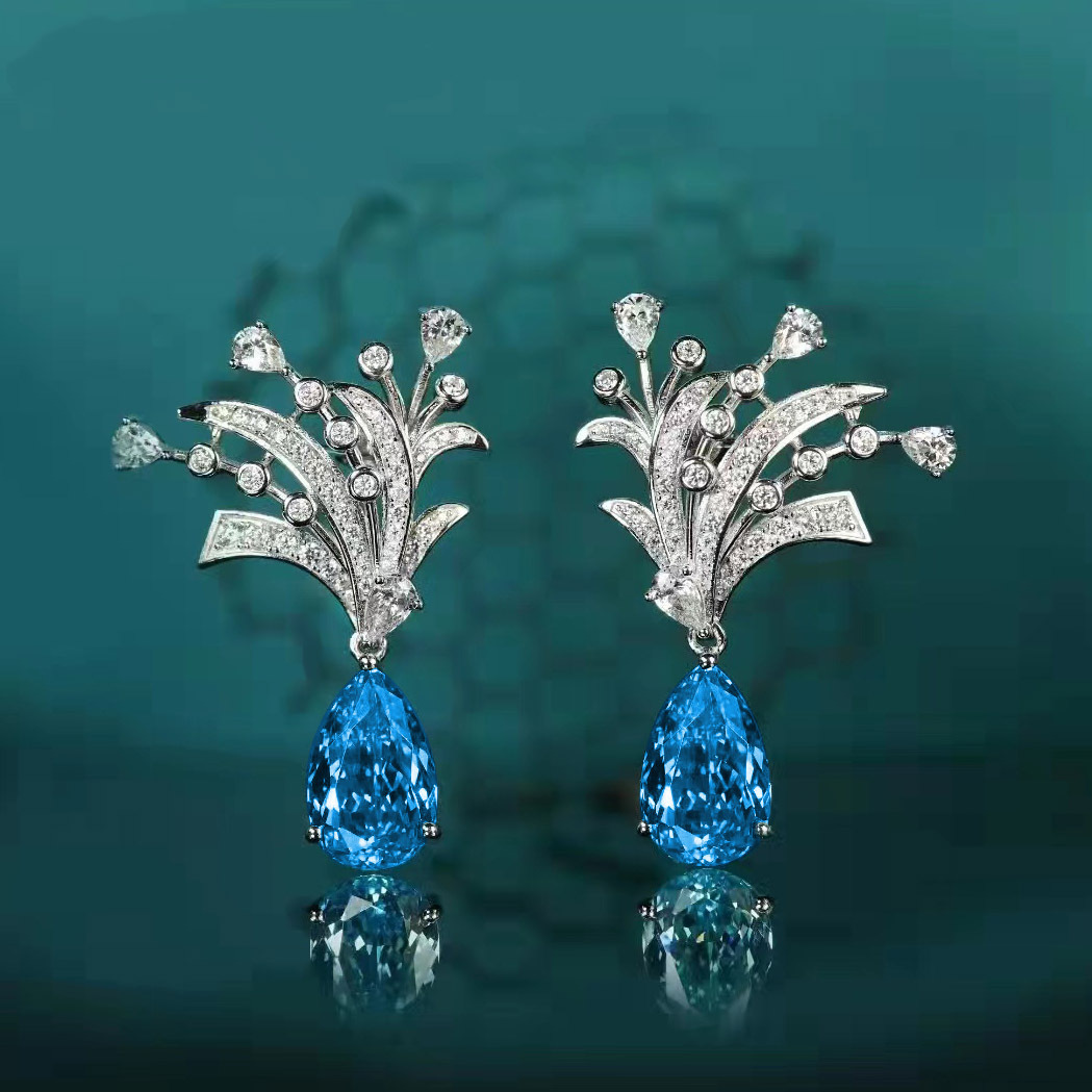 Neue Frauen Luxus -förmigen Ohrringe Zirkon Stein offen Ring Silber Farbe Meer Blau Kristall Liebhaber Versprechen Schmuck