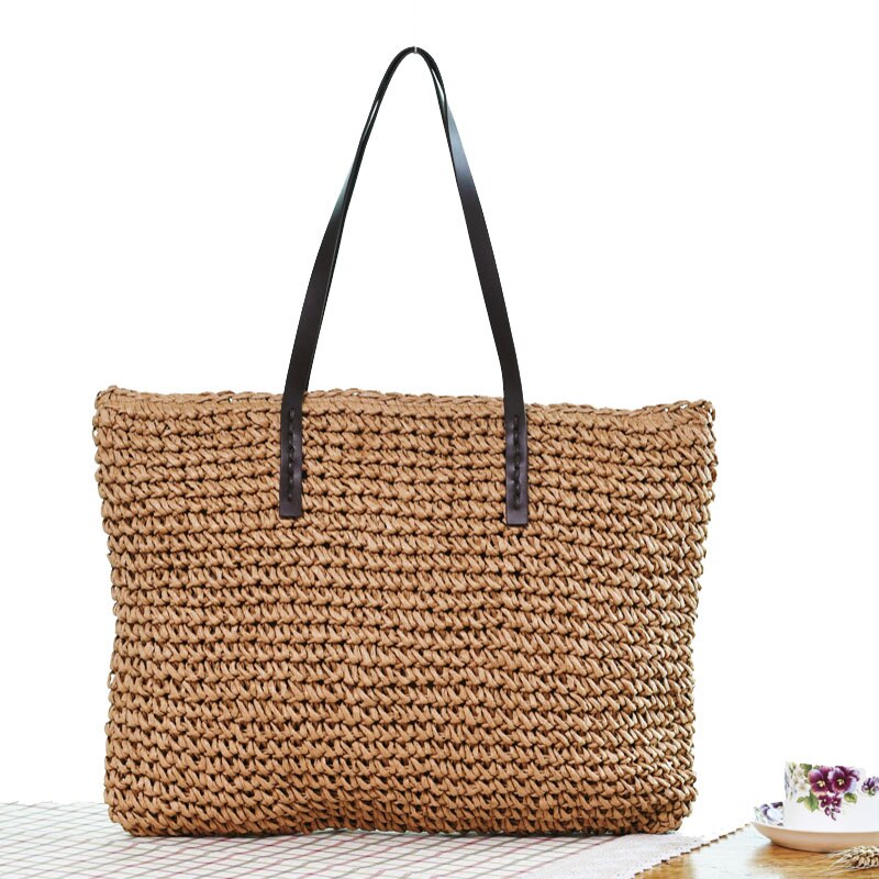 Bolsa de paja para playa para mujer, Vogue, viaje, vacaciones, vacaciones, ocio, tejida a mano, bolso de compras de gran capacidad, bolsos de hombro para mujer: BD853khaki