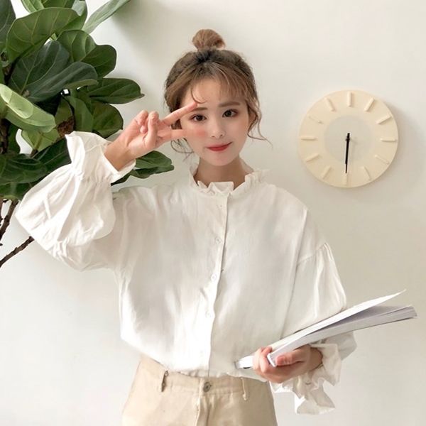Blusa branca para mulheres, harajuku, roupas femininas, tops e blusas para mulheres, manga alargada, estilo coreano, nova moda, ulzzang chic: L