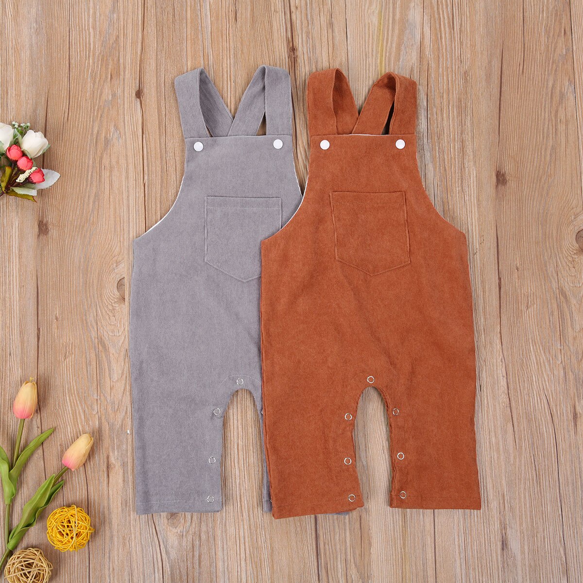 FOCUSNORM Autumn Baby Girls Boys Overalls Rompers Solid Pocket Sleeveless Button Straight Pants 2 Colors 0-24M