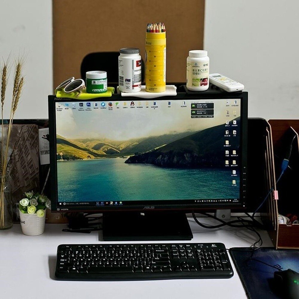 Multifunctional Home Storage Rack Computer Screen Plastic Mounted Single Layer Storage Shelf