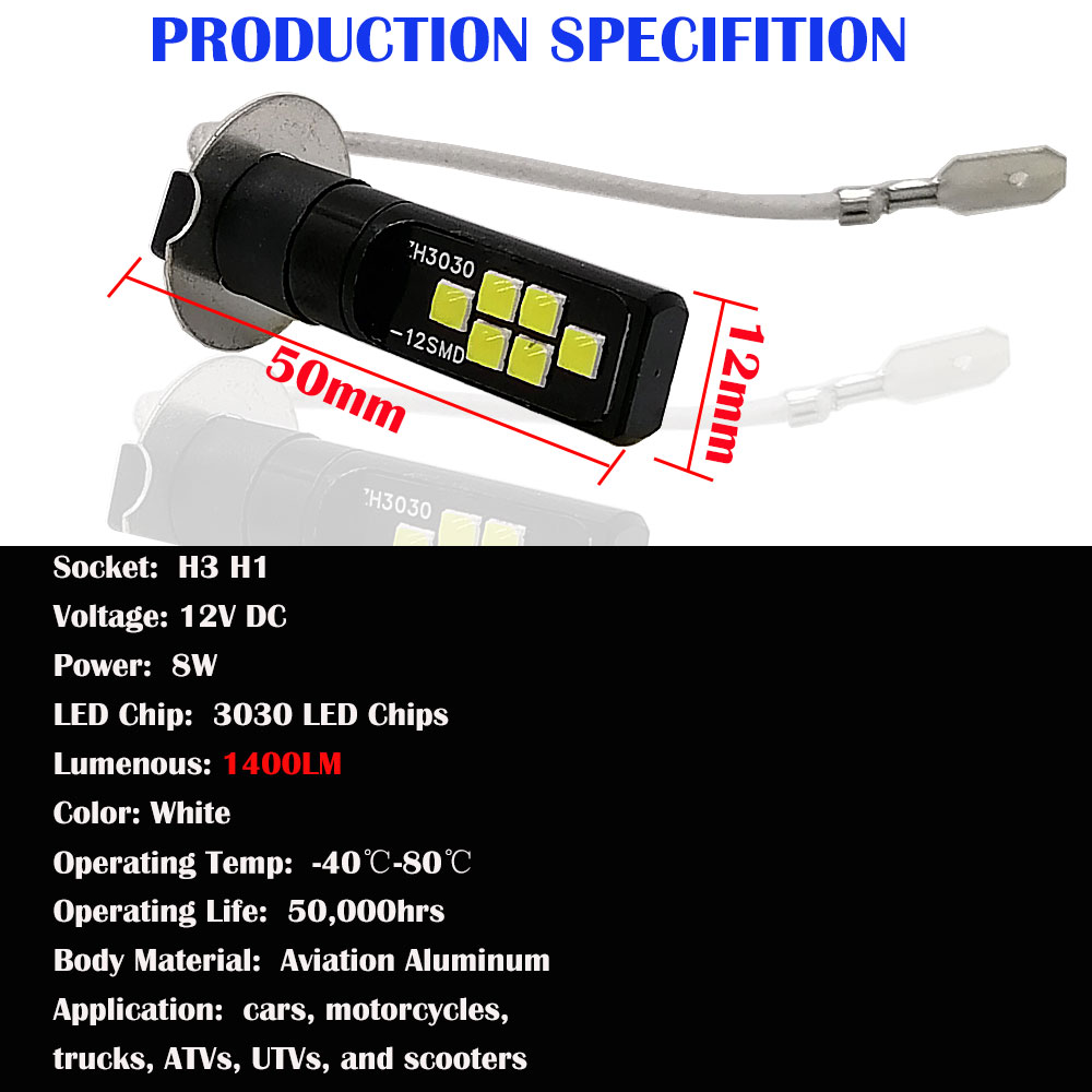 2 Stuks Mistlamp H1 Led H3 Leds Super Heldere High Power 3030 Chip Auto Mistlamp Auto Tail Running achteruitrijlichten 12V