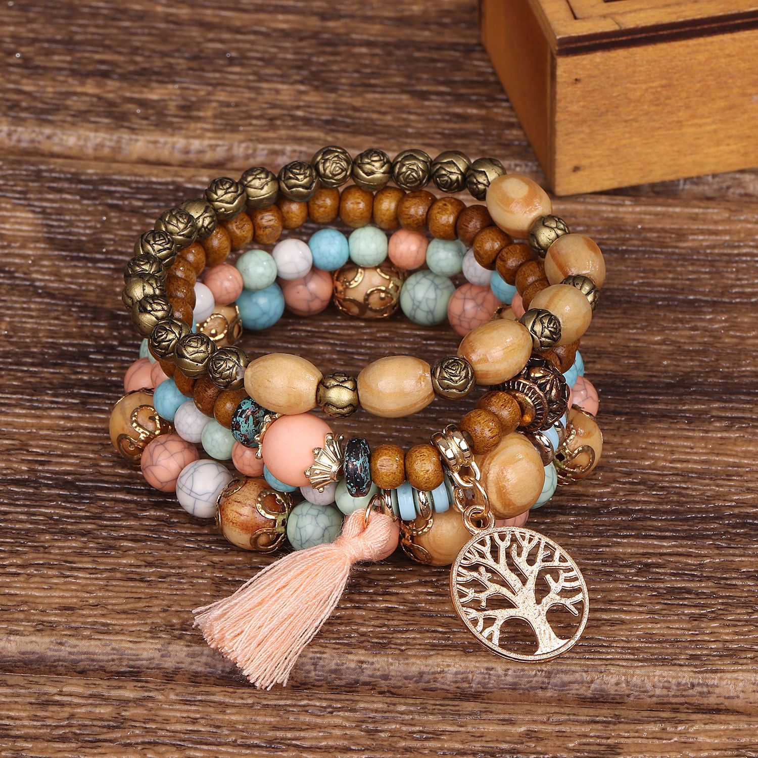 4 pçs/set boho conjunto de pulseira de madeira frisado para mulheres árvore da vida borlas brancas charme elástico corrente pulseira senhora bohemia jóias: Violeta cobalto