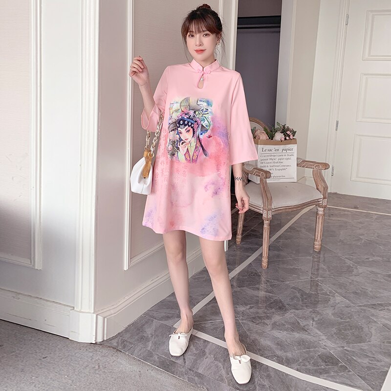 Qipao-vestido de talla grande de M-4XL para mujer, ropa china tradicional, rosa, holgada, moderna, de manga corta, para Año ,