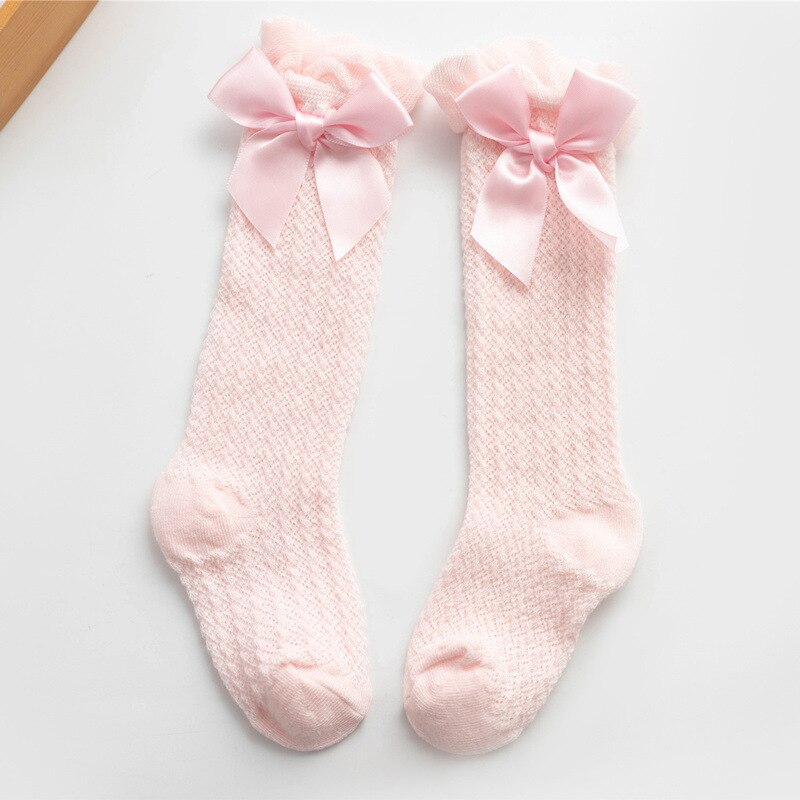 0-4Y Spaanse Stijl Baby Meisjes Sokken Strikken Knie Hoge Kinderen Sokken Peuters Buis Lange Sok Hollow Out Prinses Hoge Visnet sokken: Pink bow mesh socks