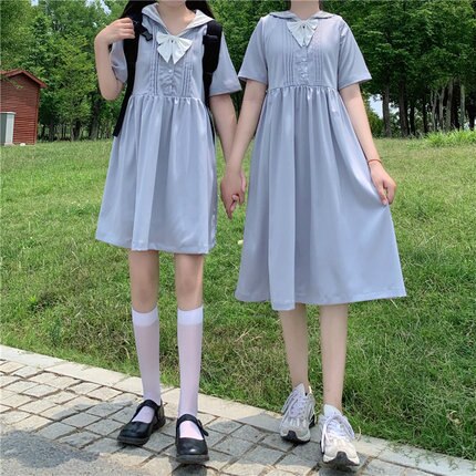 Japansk og koreansk college-stil skjørt sommer venninner kjole aldersreduksjon marine krage student kjole: Blå lang