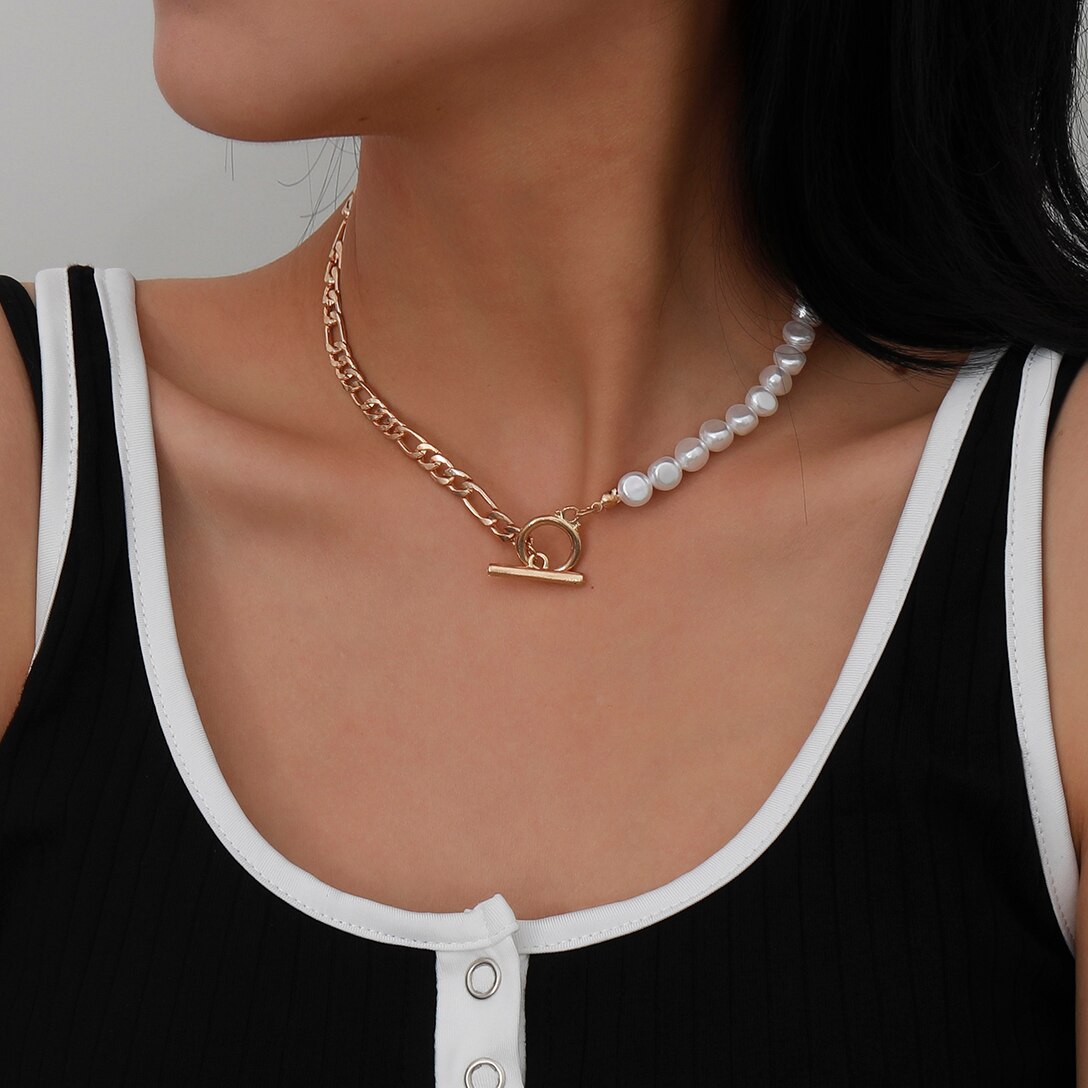 Baroque Pearl Chain Necklace Women Collar Wedding Punk Toggle Clasp Circle Lariat Bead Choker Necklaces Jewelry