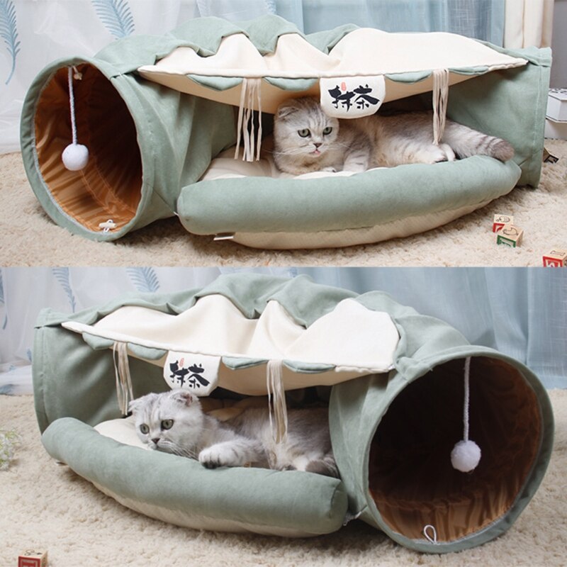 Lit Tunnel pliable avec tapis, 2 voies, avec boule à gratter, jouets interactifs, maison pour chat, chiot, chaton