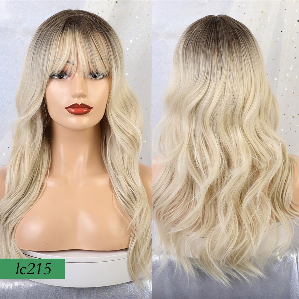 Peluca rubia larga de color marrón con ondas naturales sintéticas y flequillo para fiestas o uso diario: lc215