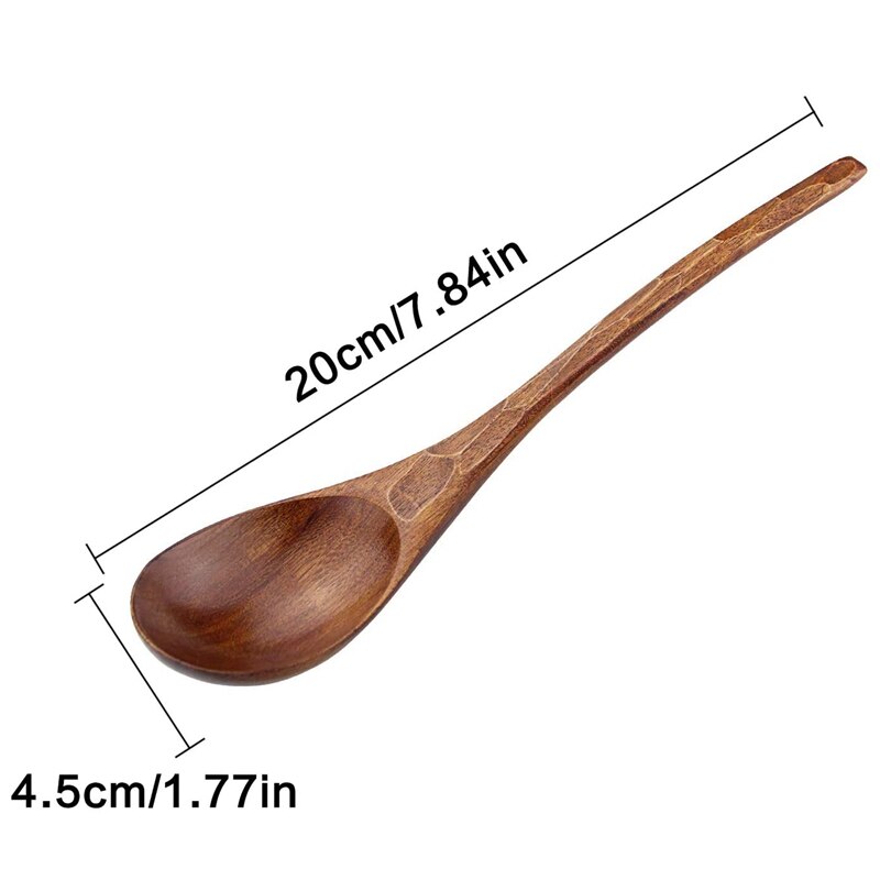 Houten Soep Lepels, 6 Stuks 7.84 Inch Japanse Ramen Lepels Ronde Nanmu Hout Lange Handvat Kids Rijst Dessert Donkerbruin