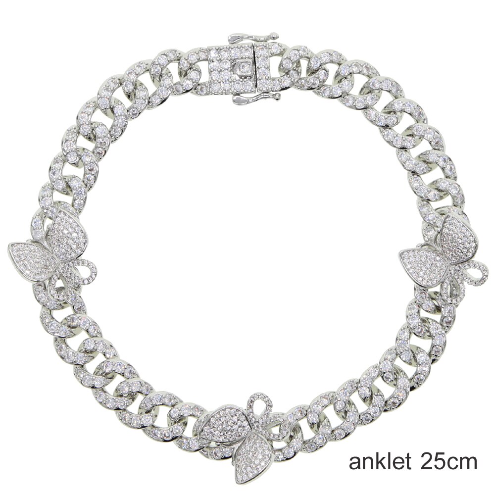 sommer neue Tennis Rosa Fußkettchen Kette Schmuck charmant kubanisch Verknüpfung Strass Mini cz gepflasterte Schmetterling Fußkettchen: Silber- 25cm