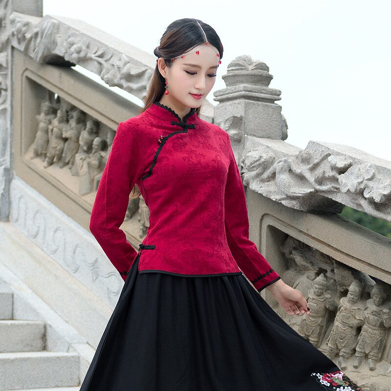 Sheng Coco-blusa china de manga larga, Camisa de algodón y lino, color rojo, manga larga