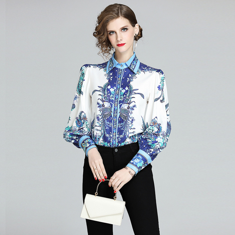 Våren dam toppar blusar placering tryck långärmad blus skjorta turn down krage chiffong blus dam skjortor blusas: L