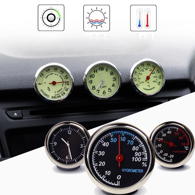Car Accessories Car Luminous Clock Thermometer Hygrometer Internal Stick-On Dashboard Auto Interior Ornament Styling