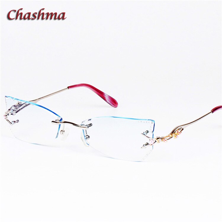 Chashma Brand Tint Lenses Sunglasses Titanium Eyewear Female Diamond Crystal Trimmed Glasses Frame Cat Eye Rimless Glasses Woman: Blue