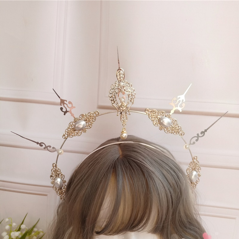 Lolita Gothic Stijl Haaraccessoires Virgin Mary Bead Chain Barokke Tiara Hoofdband Lolita Zon Godmother 'S Crown Star Hoofddeksels
