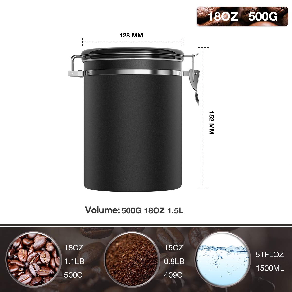 Coffee Storage Container Airtight Stainless Steel Vault Coffee Bean Canister with CO2 Valve to Keep Beans Fresh Grains Candy Jar: Black 1.5L