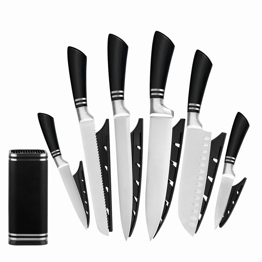 Xyj køkken rustfrit stål 7 stk kokkekniv sæt 8 ' ' skærebrød kok 7 '' santoku 5 ''utility 3.5 '' vægholder til skærekniv: D