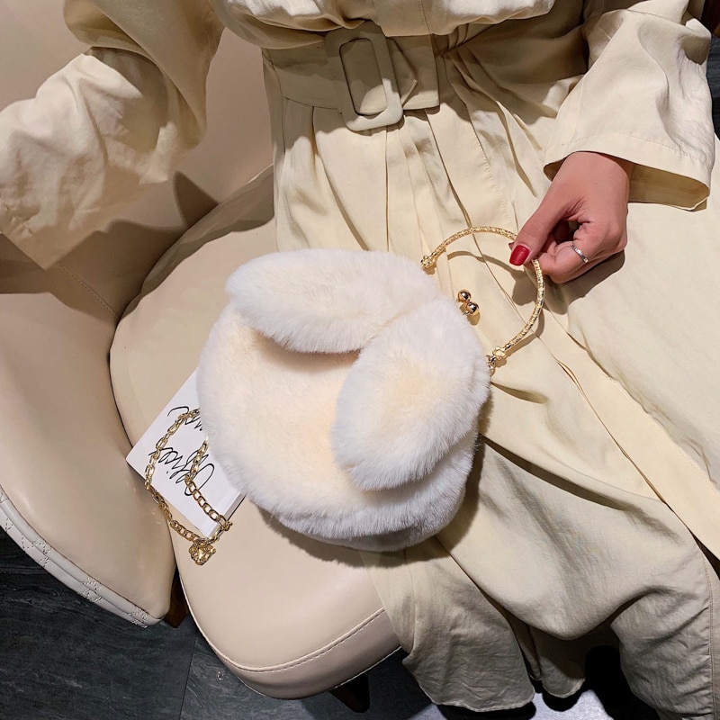 Hocodo Faux Fur Pluche Crossbody Tassen Voor Vrouwen Konijnenoren Leuke Tassen Keten Messenger Bag Dames Handtassen En Portemonnees bolsas