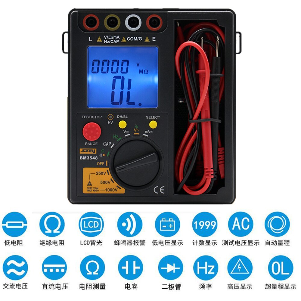 Bm3548 1000v modstandsmåler 2 in 1 digital isolationsmodstandstestmåler digitalt multimeter megohmmeter megger ohm tester