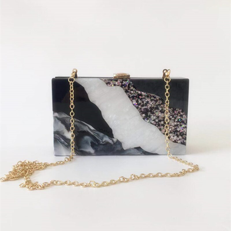 BlingBling Acrylic Evening Bag Marble Pattern Black White Flap Handbags Casual Patchwork Party Prom Wedding Clutch Purse: Default Title