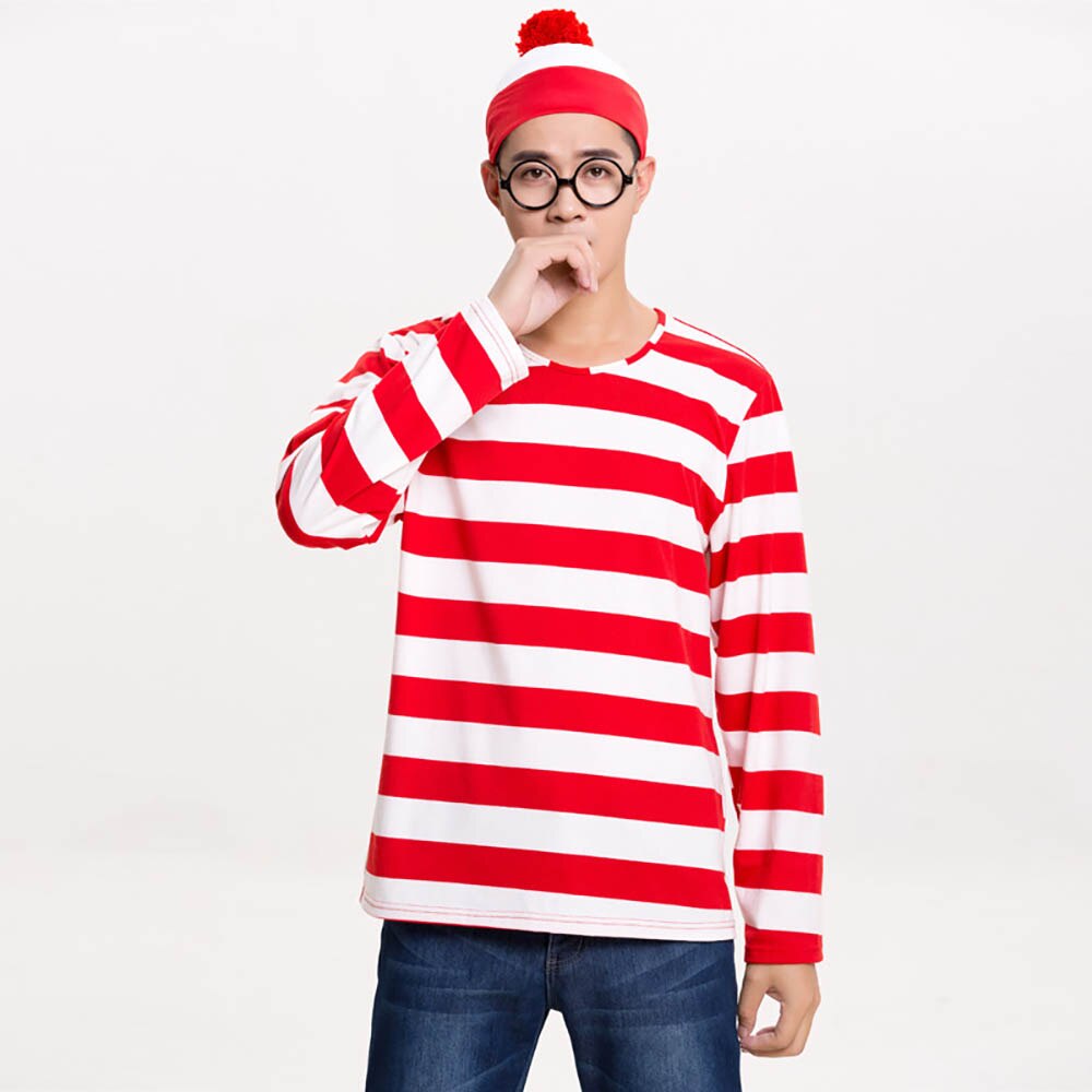 Erwachsene Herren Damen Wally Wenda Waldo Charakter Kostüm Rot Weiß Outfit Buch Woche Phantasie Kleid Hemd Hut Gläser: Mens / M