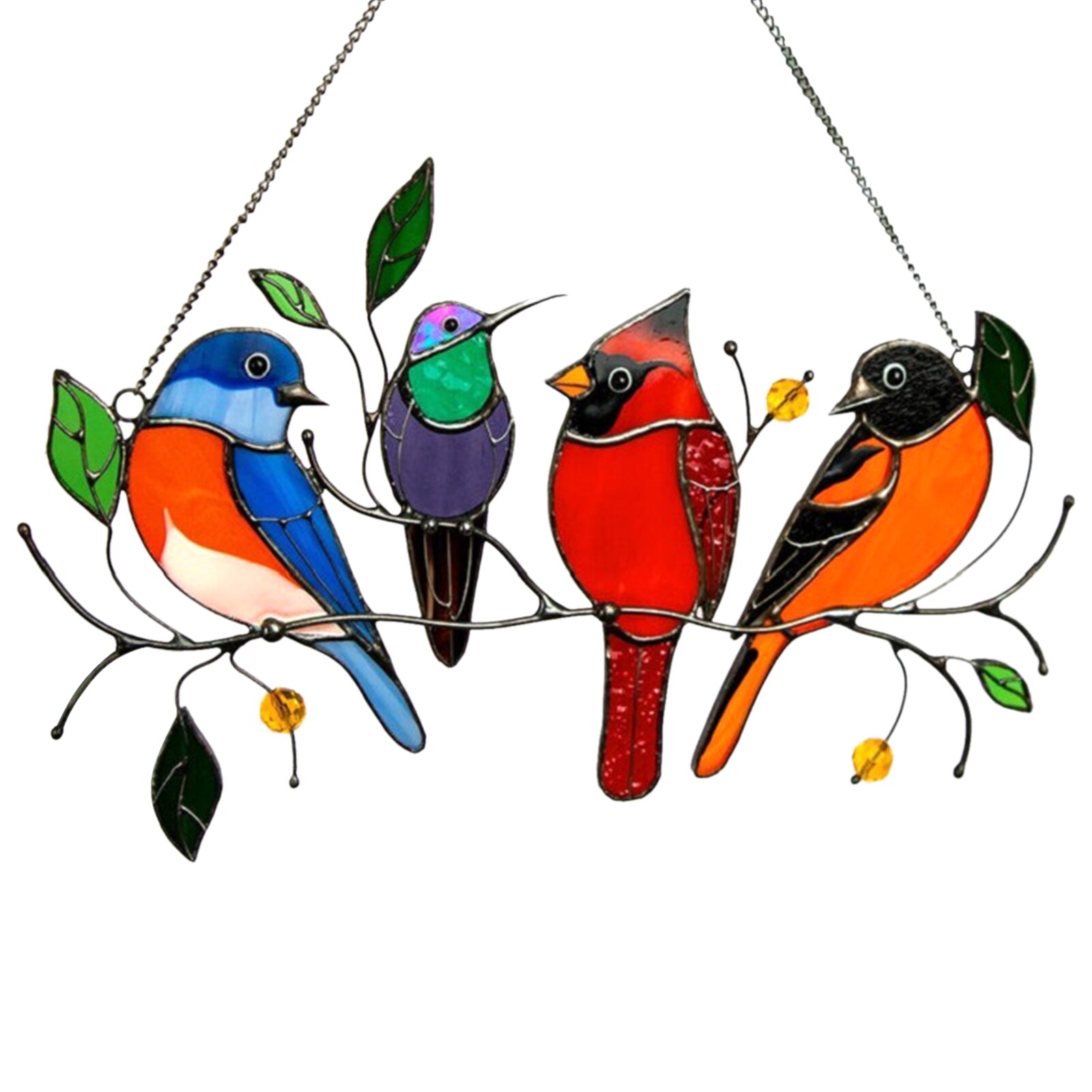 Window Panel Stained Glass Birds-on-a-wire Stained Glass Suncatcher Window Hanging Panel Bird Series Ornaments: Four bird chime / Acrylic