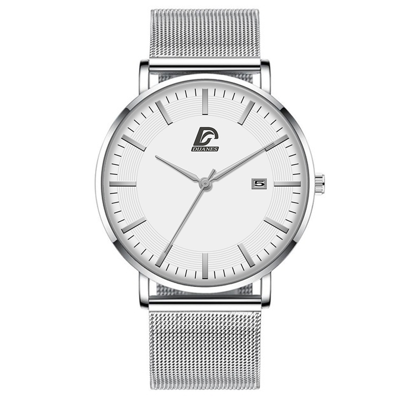 Dijanes miesten business minimalistiset kellot ultraohut ruostumaton teräsverkko vyö analoginen kvartsi rannekello reloj hombre: Mesh hopea valkoinen