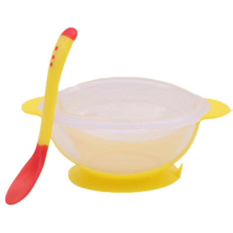 4 Colors Baby Feeding Tableware Toddler Training Bowl with temperature-sensitive Spoon bowl baby Feeding Accessories: Yellow